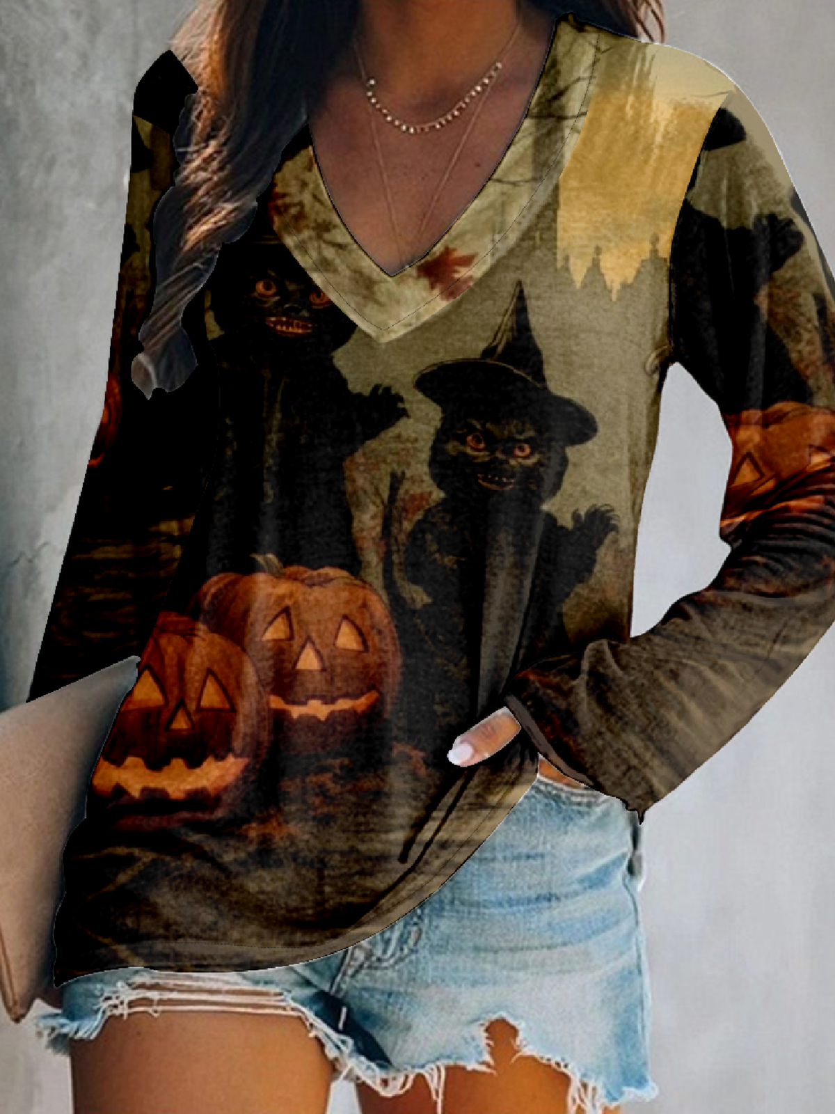 Halloween Horror Ghost Black Cat Pumpkin V-neck Long Sleeve T-shirt Top