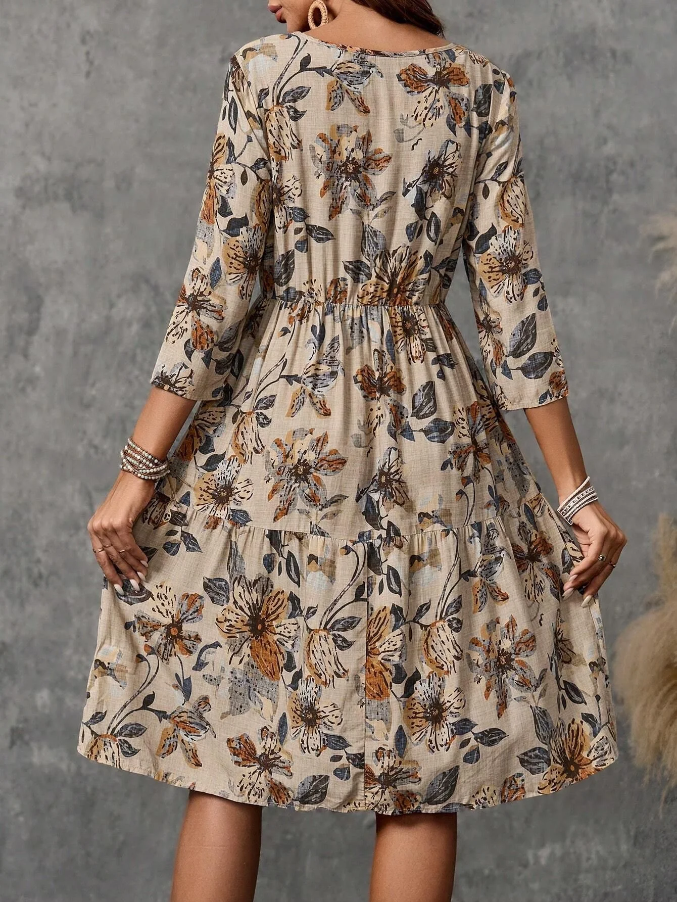 Women's Floral Crew Neck Casual Midi H-Line Dress