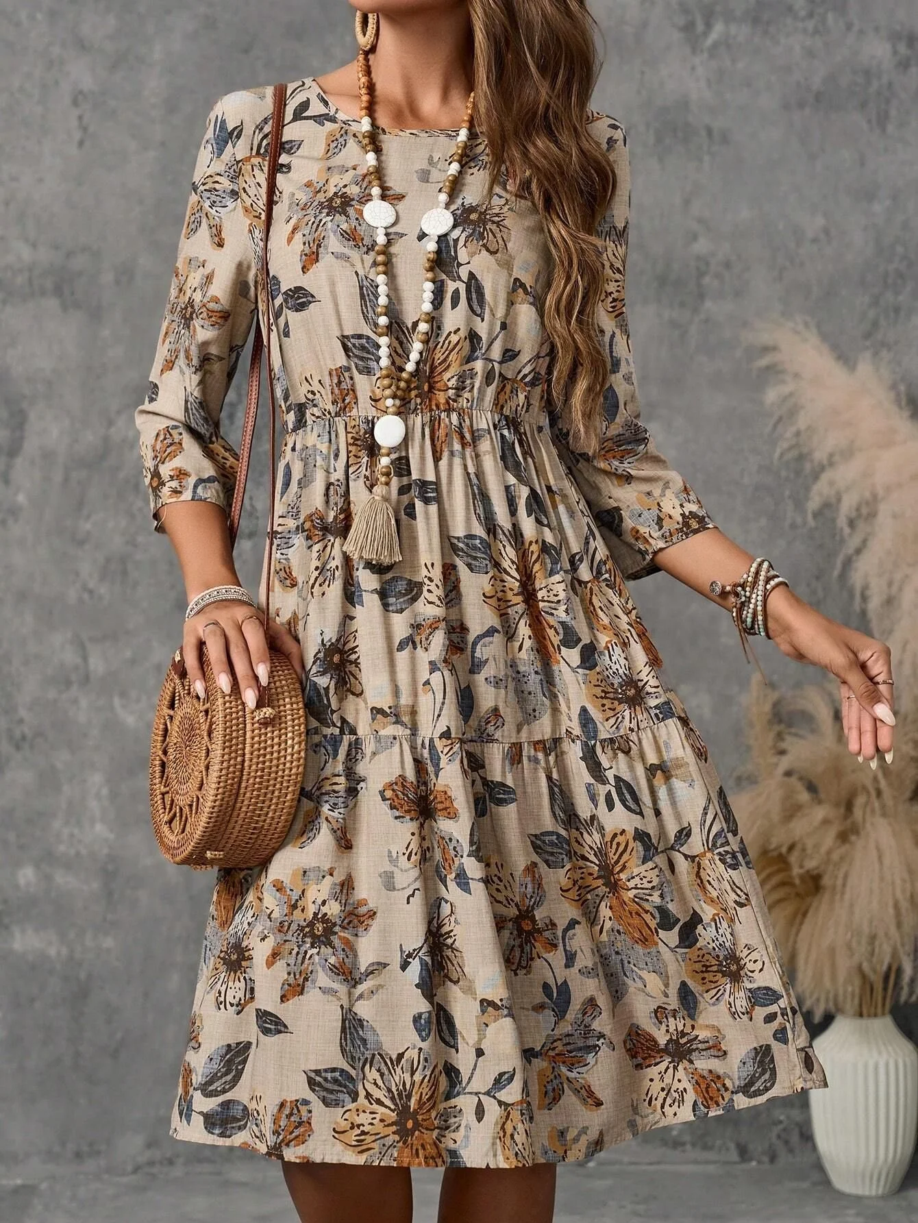 Women's Floral Crew Neck Casual Midi H-Line Dress