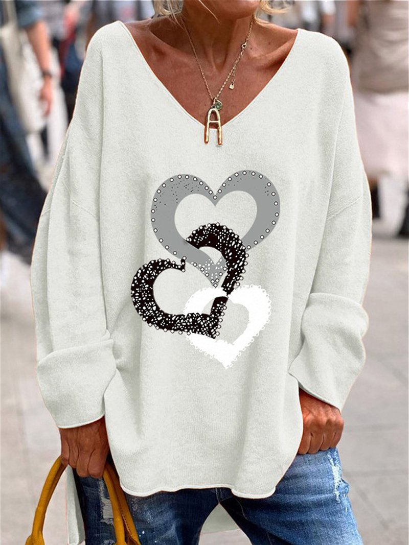 Thanksgiving  Casual Knitted V Neck Heart/Cordate Blouse