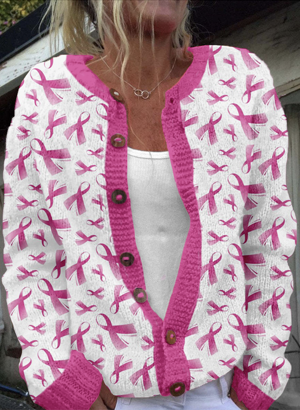 Breast Cancer Pink Ribbon Button Knit Cardigan