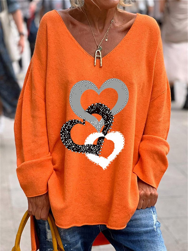 Thanksgiving  Casual Knitted V Neck Heart/Cordate Blouse