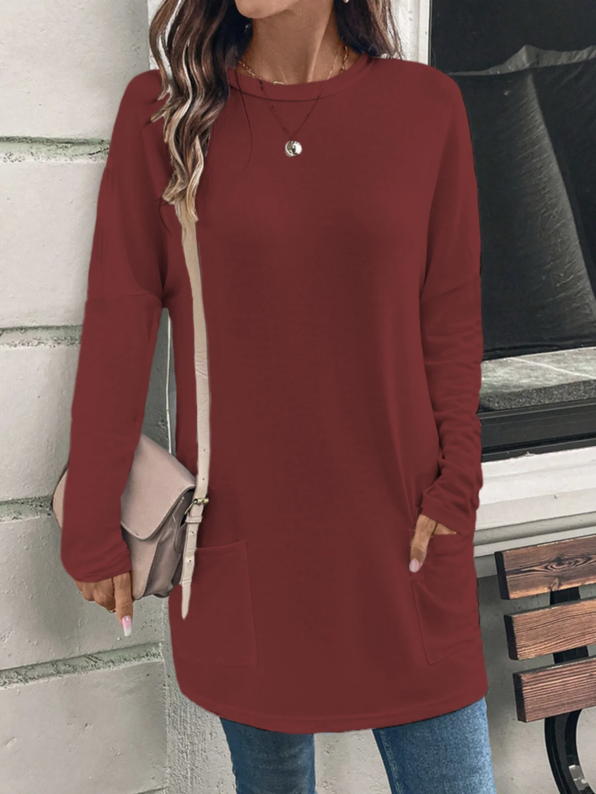 Loose Plain Casual Daily Jersey Long Sleeve Blouse