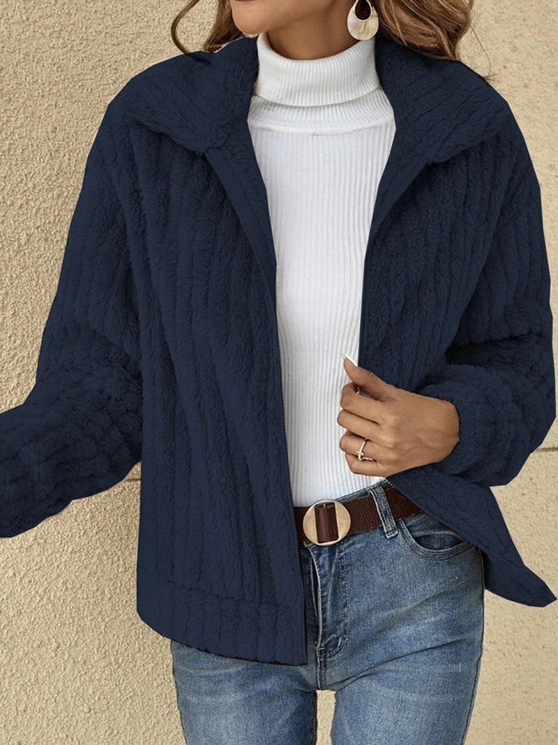 Casual Shawl Collar Zipper Plain Teddy Jacket