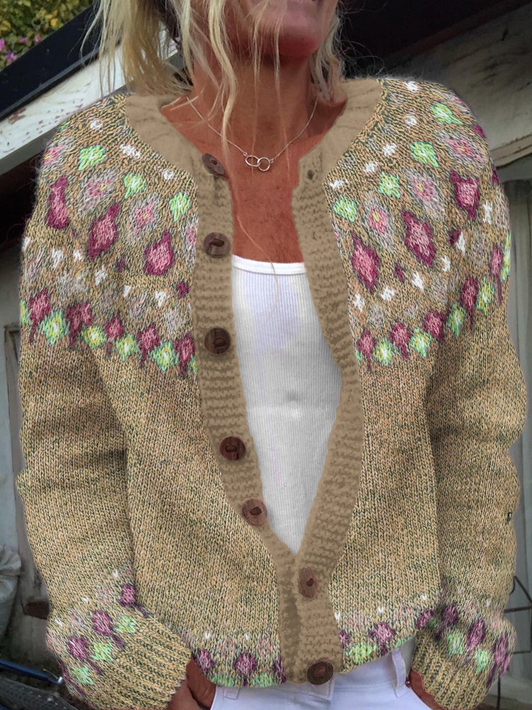 Ferman Island Geometric Button Sweater Cardigan