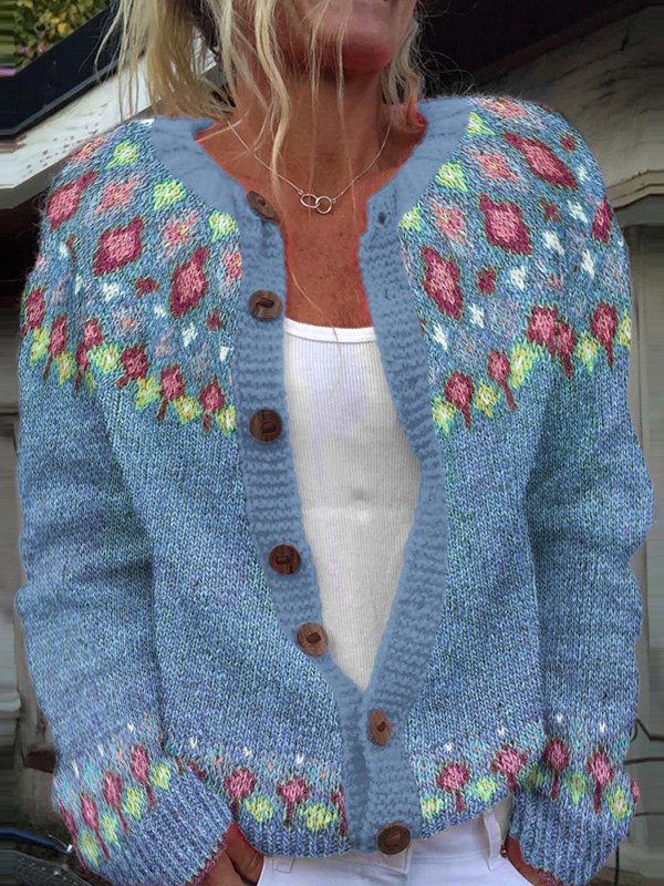 Ferman Island Geometric Button Sweater Cardigan