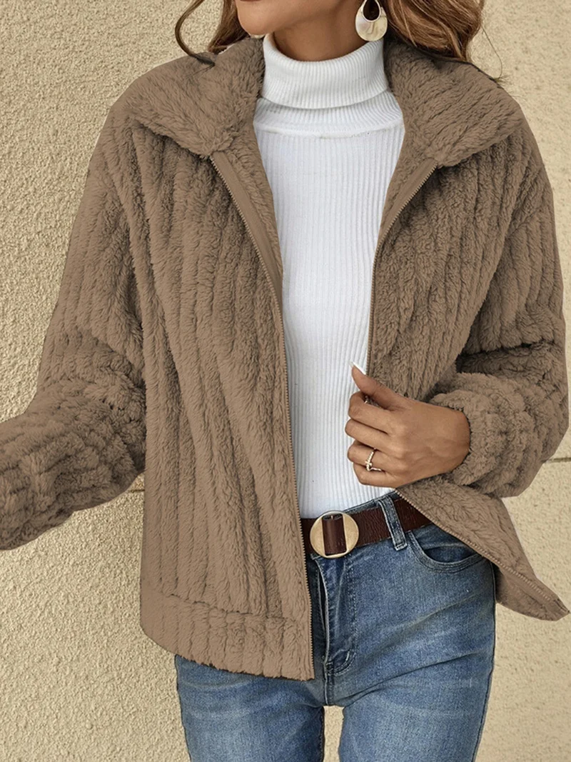 Casual Shawl Collar Zipper Plain Teddy Jacket