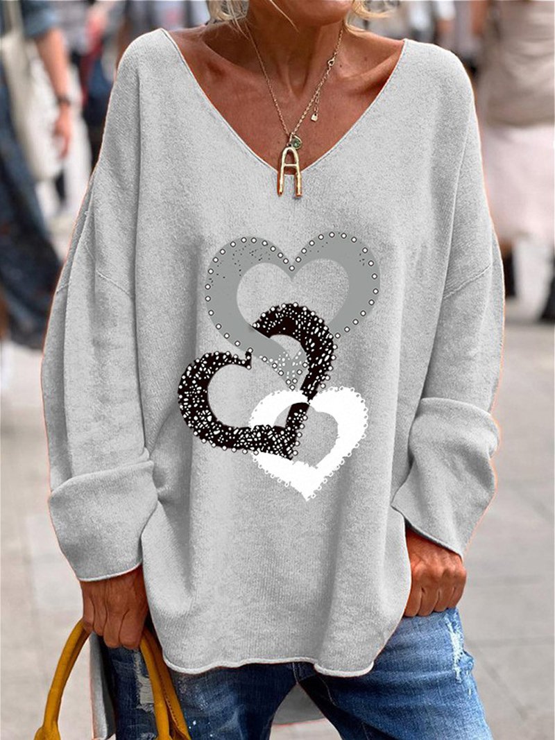 Thanksgiving  Casual Knitted V Neck Heart/Cordate Blouse