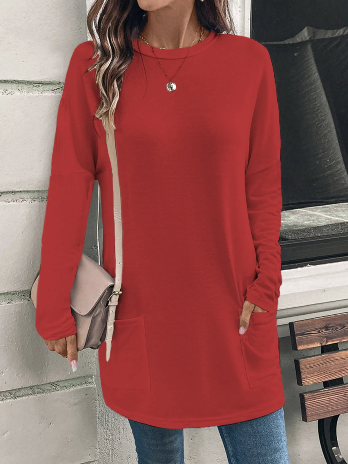 Loose Plain Casual Daily Jersey Long Sleeve Blouse