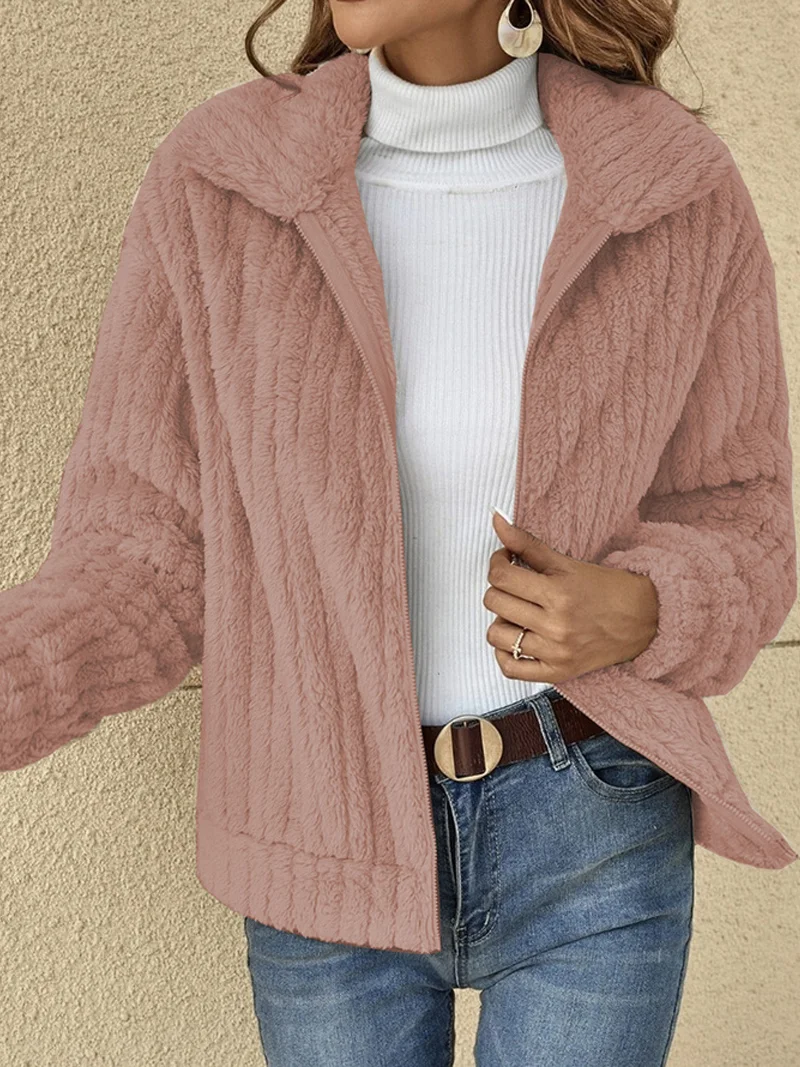 Casual Shawl Collar Zipper Plain Teddy Jacket