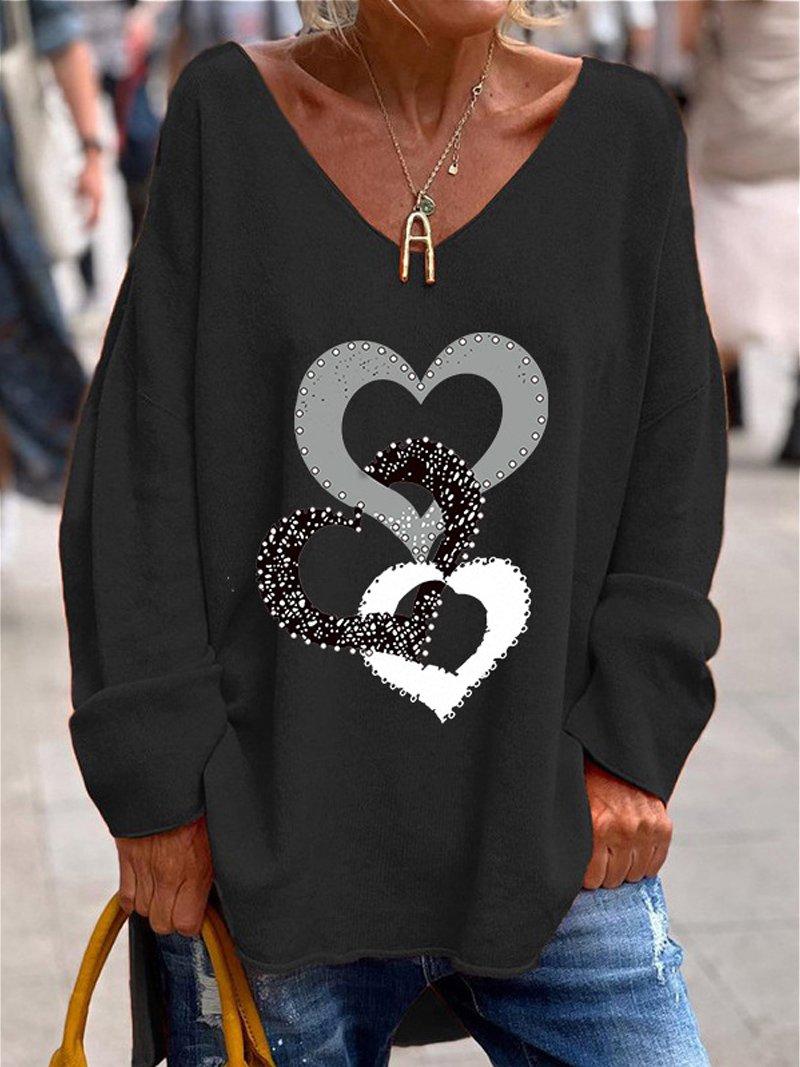 Thanksgiving  Casual Knitted V Neck Heart/Cordate Blouse