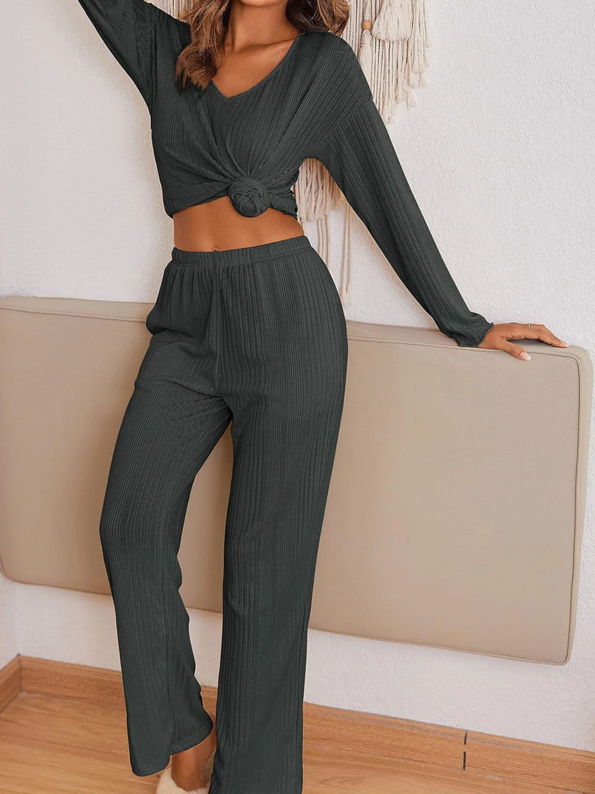 Loose Casual V Neck Plain Two-Piece Set