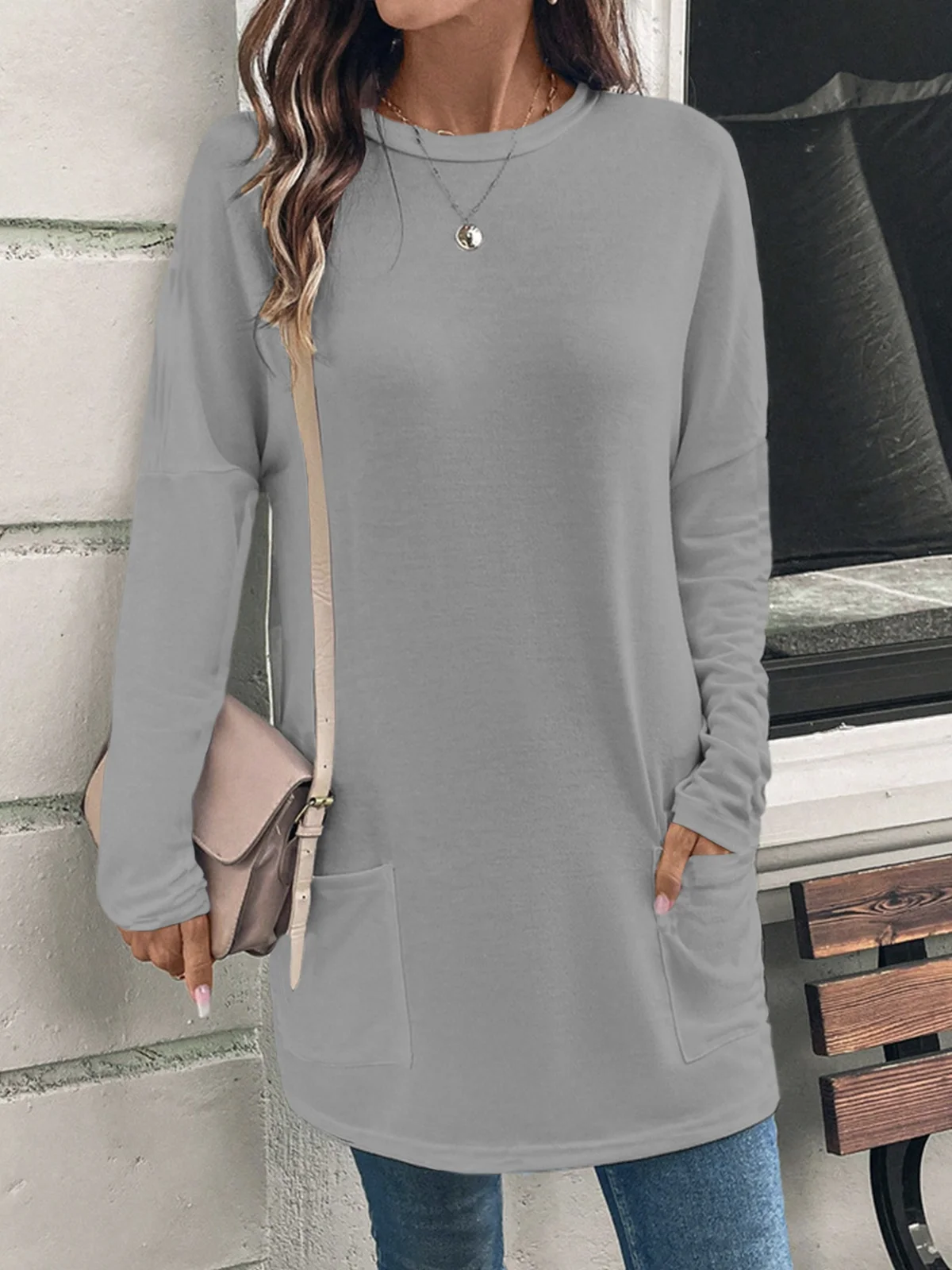 Loose Plain Casual Daily Jersey Long Sleeve Blouse