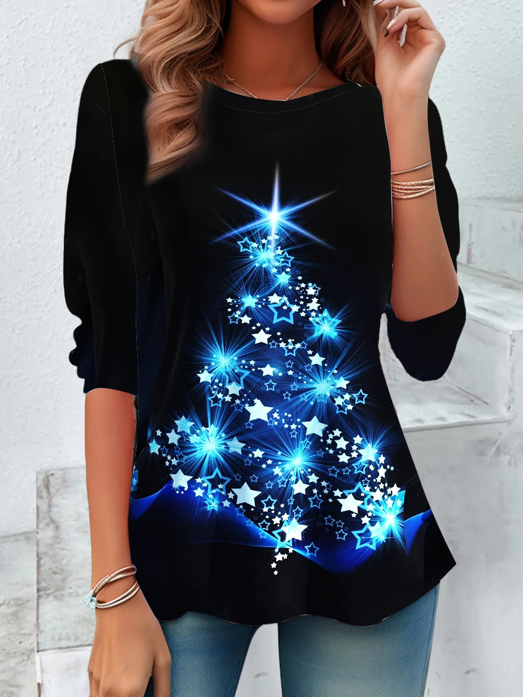 Christmas Tree Design Round Neck T-Shirt