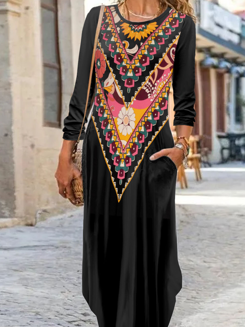 Ethnic pattern printed casual round neck long dress