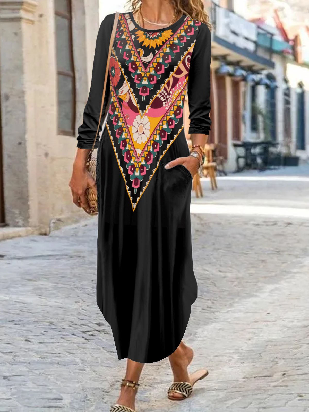 Ethnic pattern printed casual round neck long dress