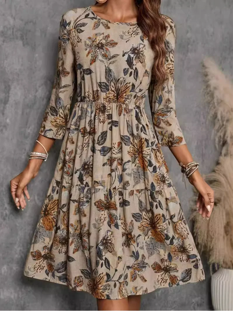 Women's Floral Crew Neck Casual Midi H-Line Dress