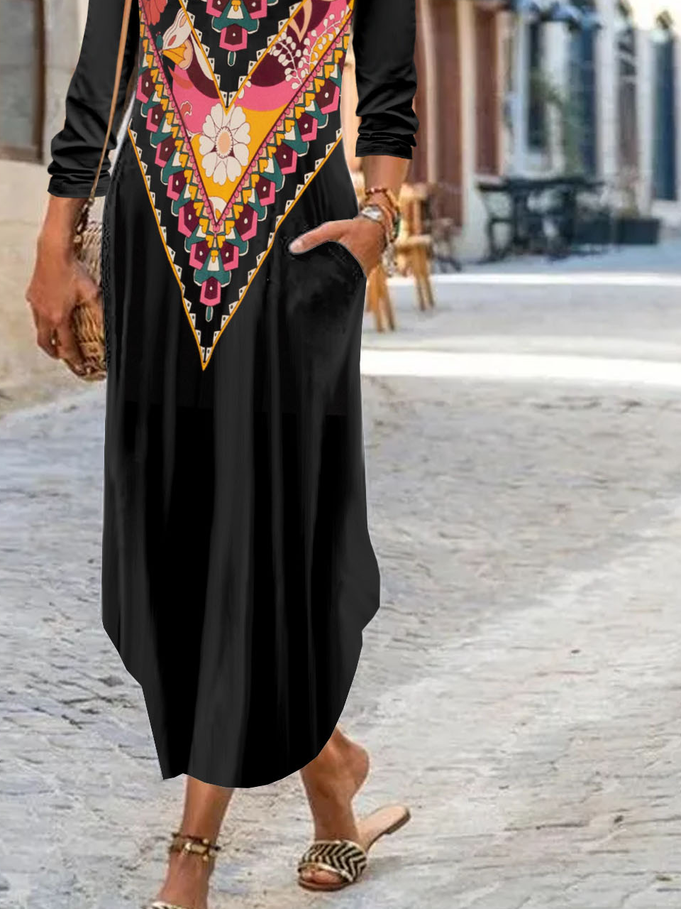 Ethnic pattern printed casual round neck long dress