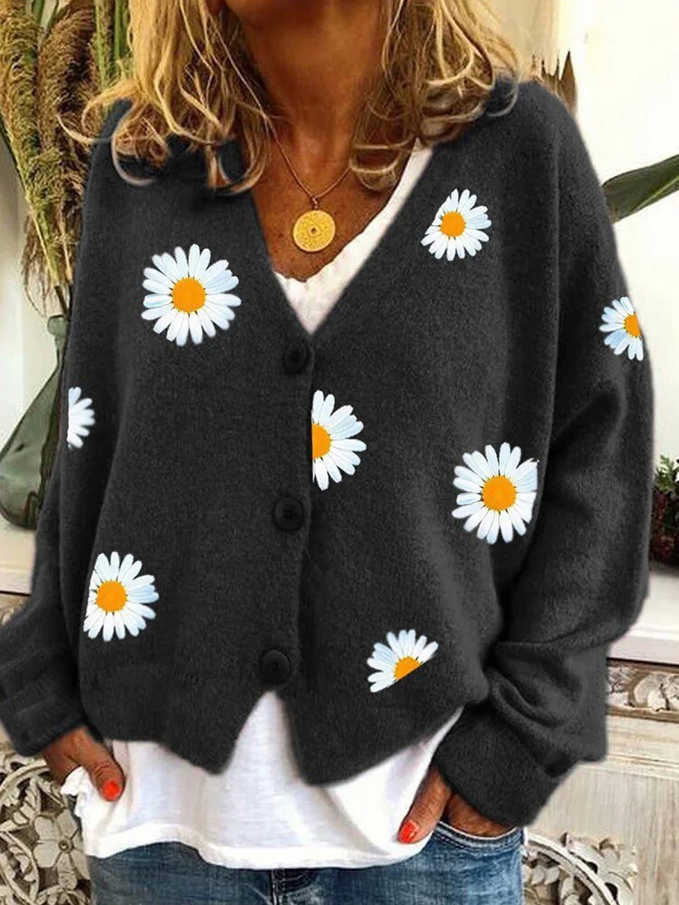 Buckle Yarn/Wool Yarn daisy Casual Cardigan