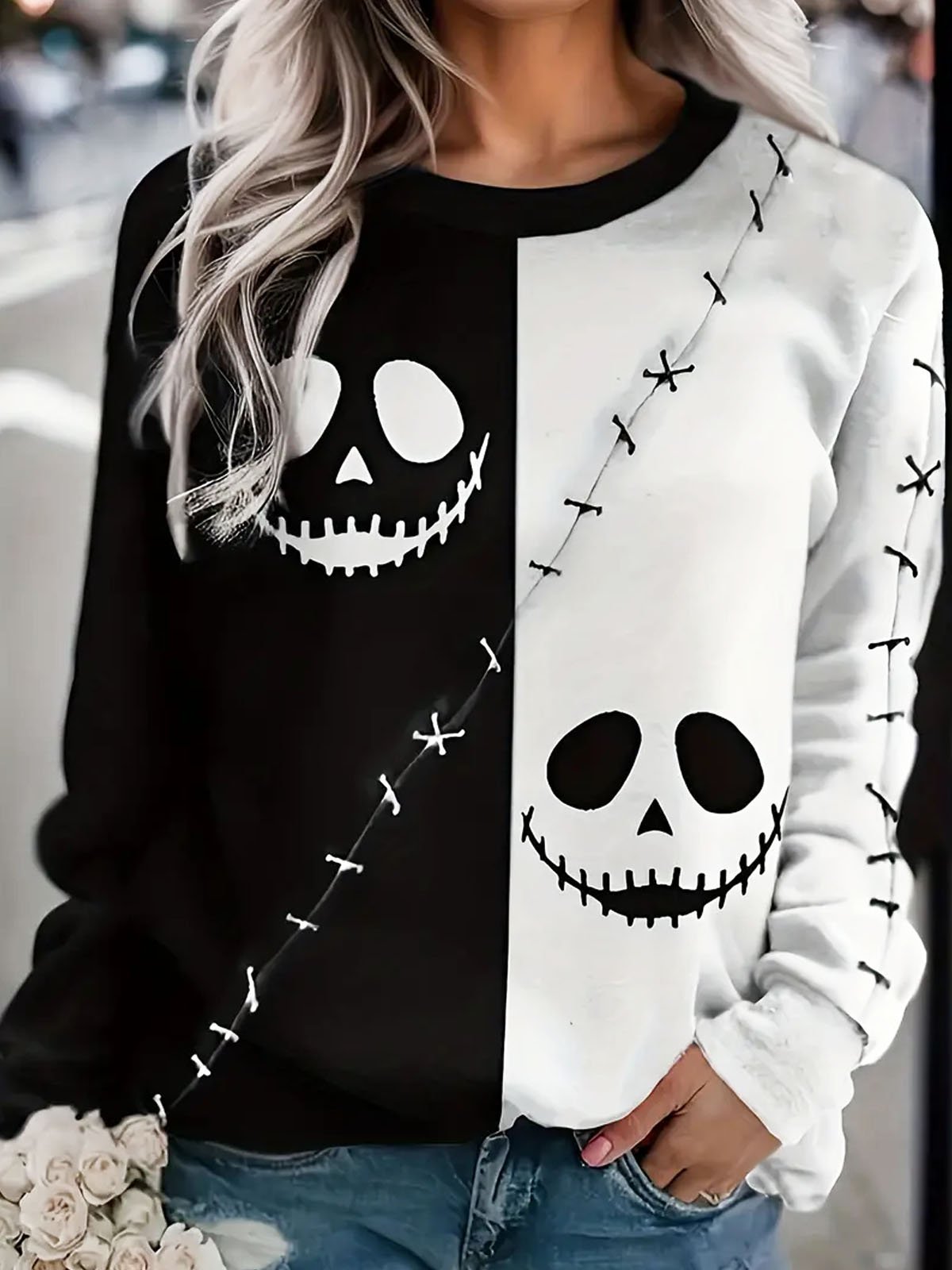 Black and white Halloween ghost pullover sweatshirt