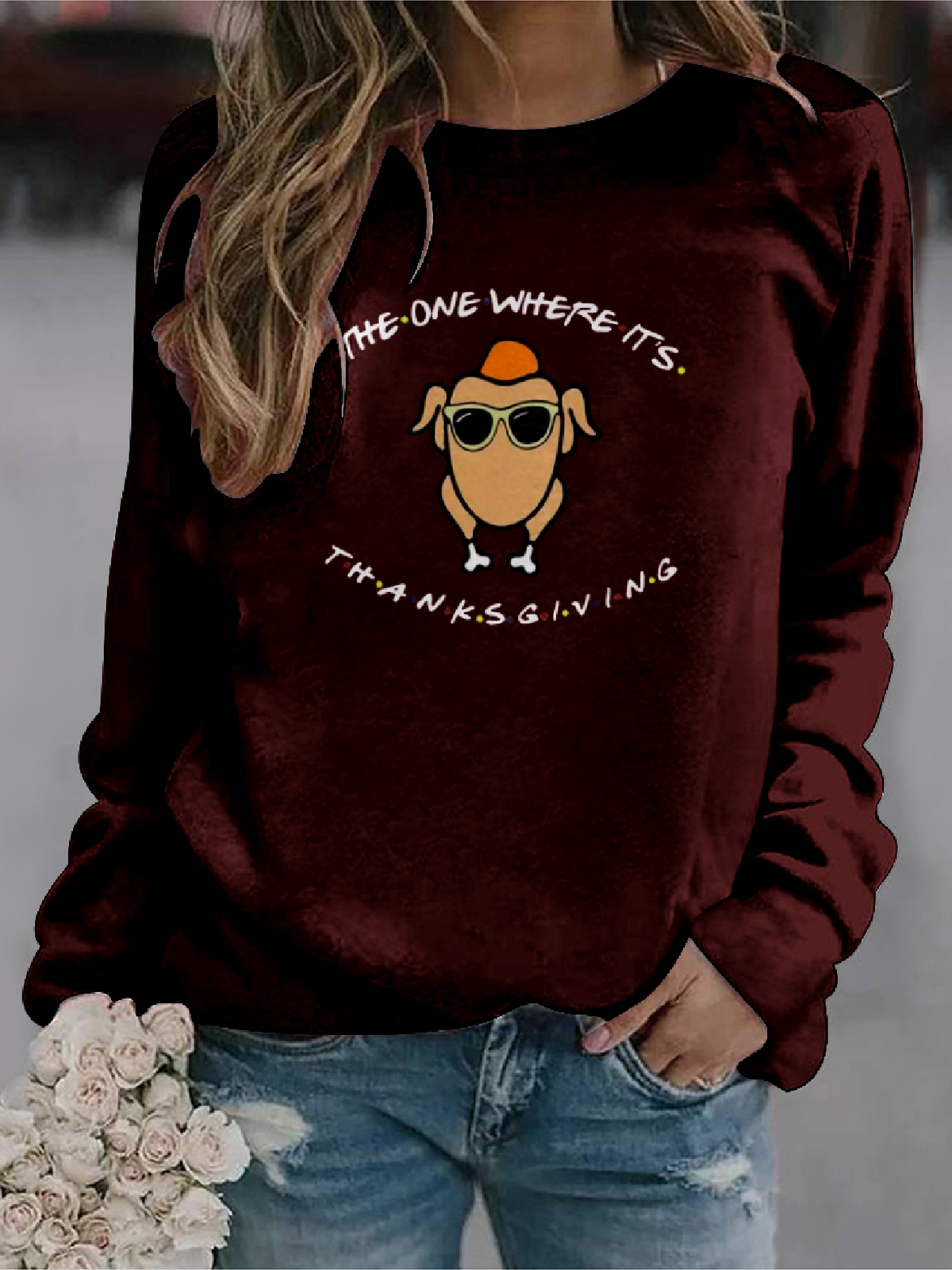 Thanksgiving Autumn Blessings Four-Side Projectile Text Letters Casual Sweatshirt