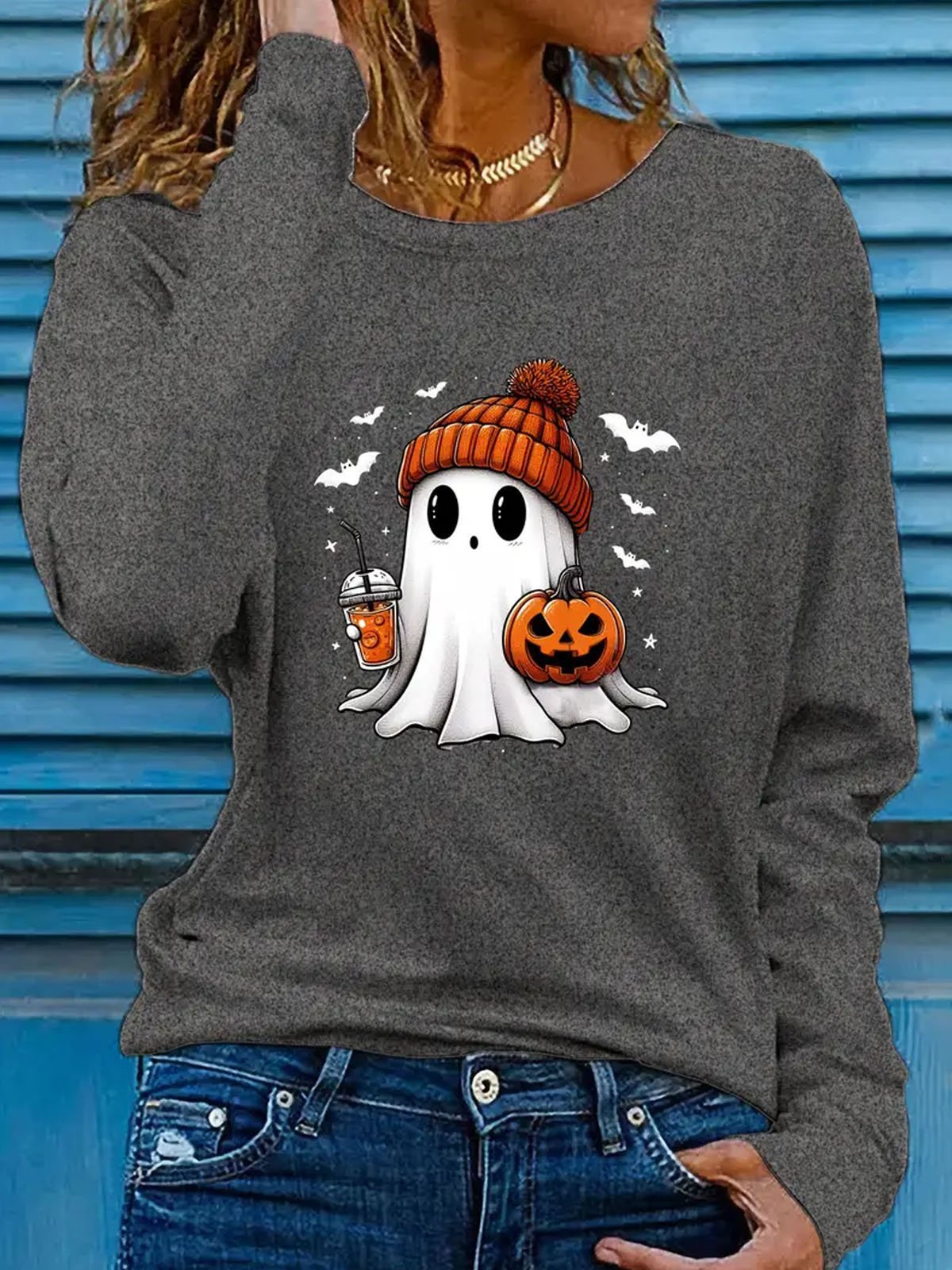 Cute ghost print long sleeved round neck casual T-shirt