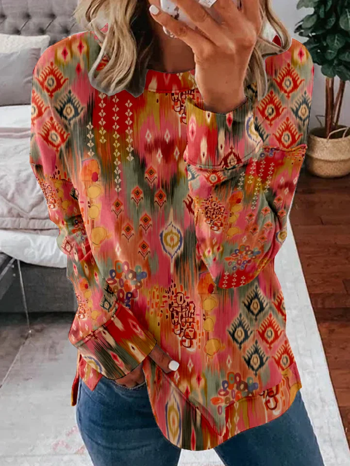 Crew Neck Loose Casual Ethnic Sweatshirt