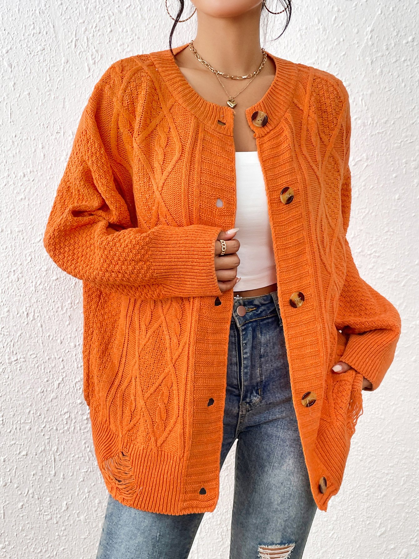 Wool/Knitting Loose Casual Crew Neck Cardigan