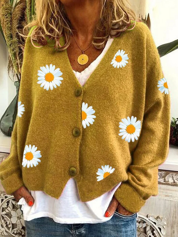 Buckle Yarn/Wool Yarn daisy Casual Cardigan