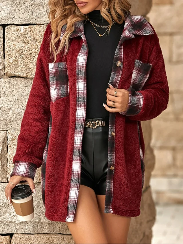 Plaid Split Joint Casual Teddy Jacket