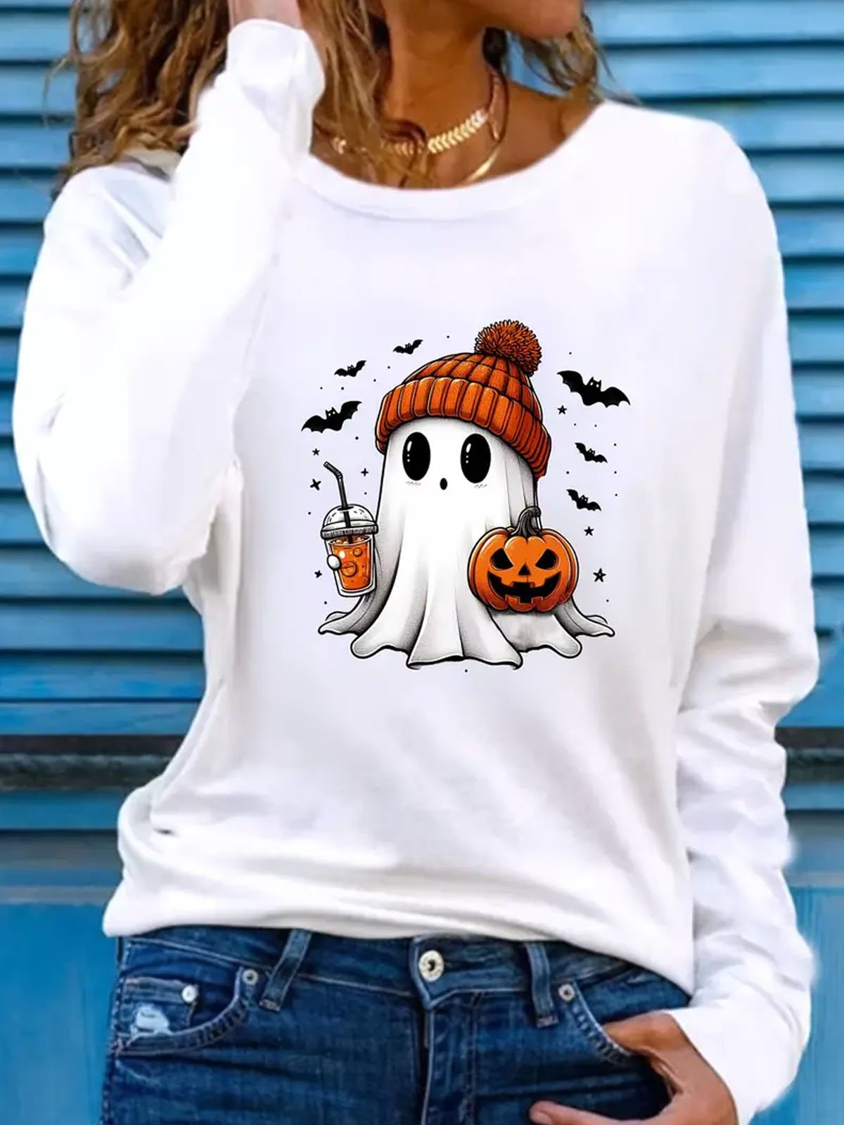 Cute ghost print long sleeved round neck casual T-shirt