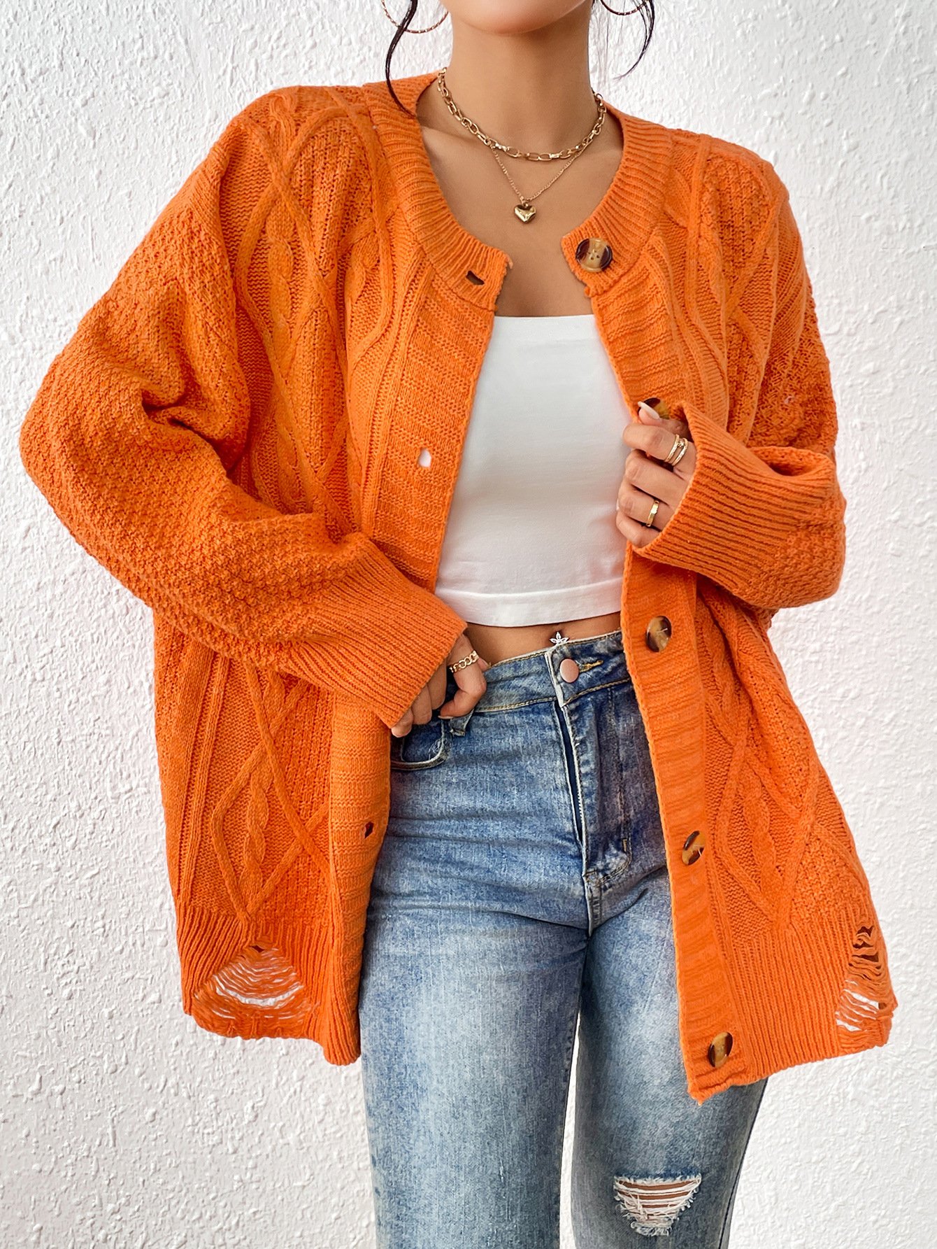 Wool/Knitting Loose Casual Crew Neck Cardigan