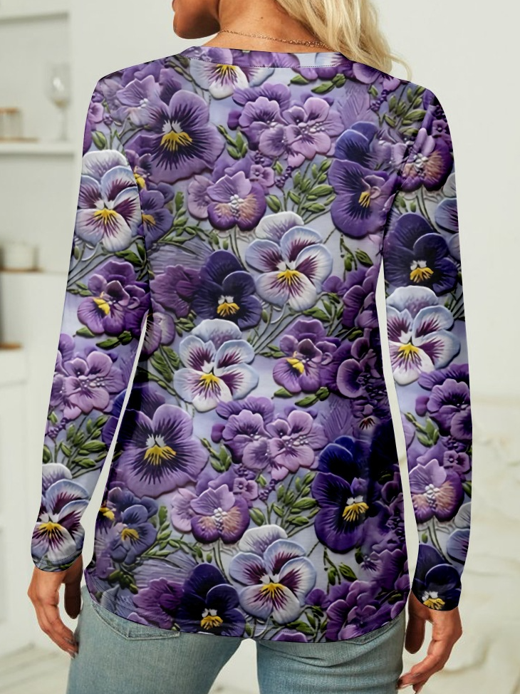 Crew Neck Purple Floral Long Sleeve Shirt