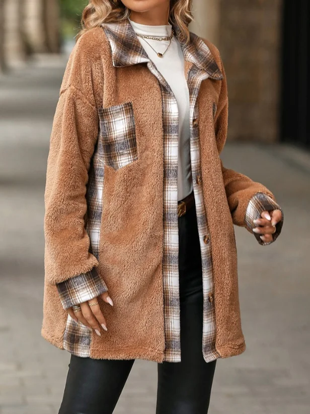 Plaid Split Joint Casual Teddy Jacket