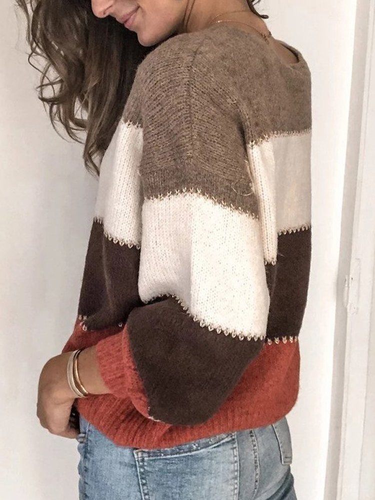 Yarn/Wool Yarn Crew Neck Casual Color Block Sweater