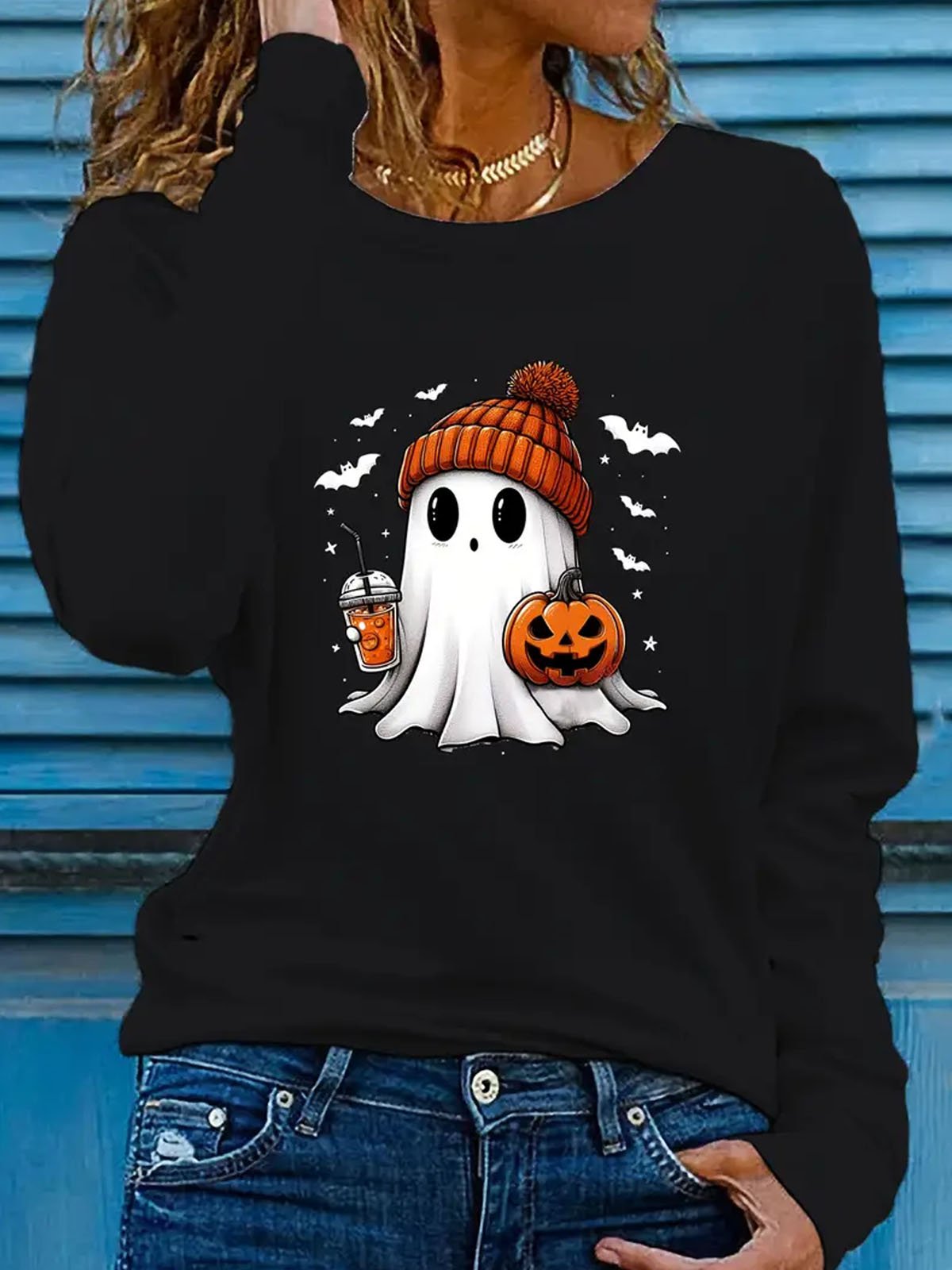 Cute ghost print long sleeved round neck casual T-shirt