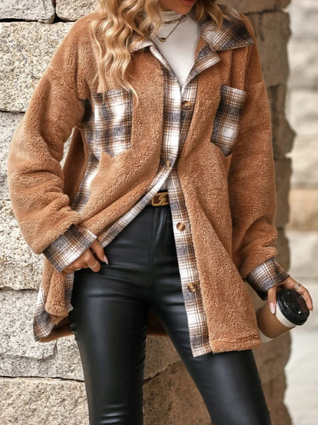 Plaid Split Joint Casual Teddy Jacket