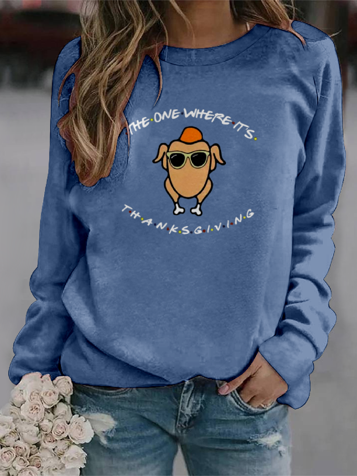 Thanksgiving Autumn Blessings Four-Side Projectile Text Letters Casual Sweatshirt