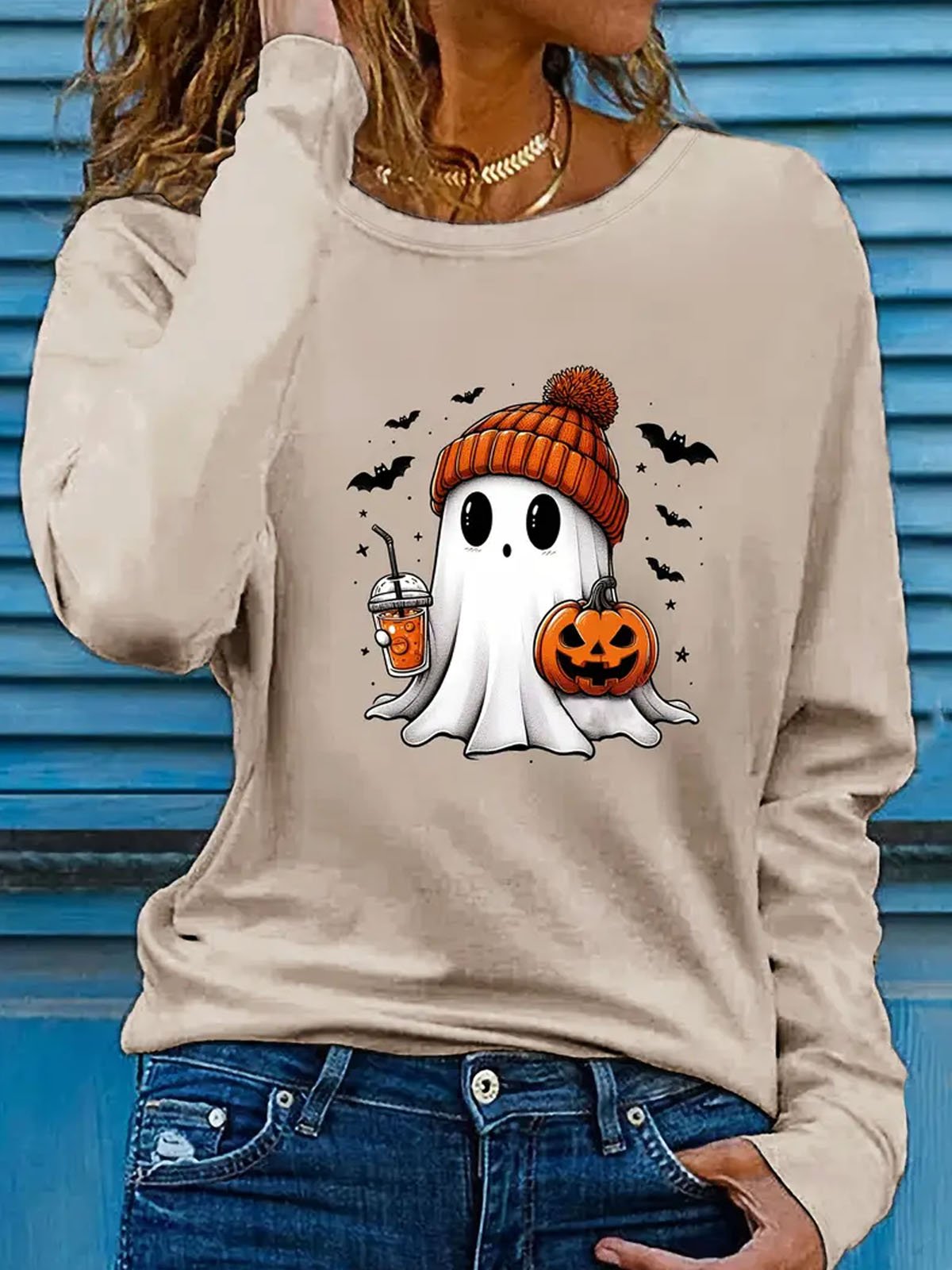 Cute ghost print long sleeved round neck casual T-shirt