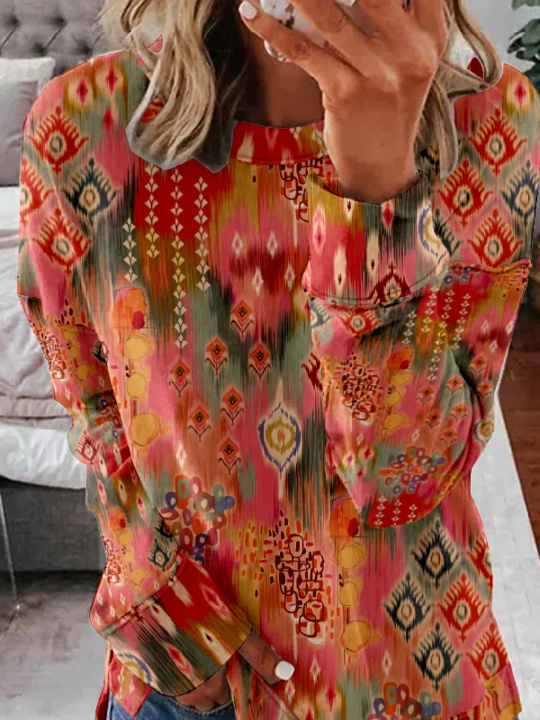 Crew Neck Loose Casual Ethnic Sweatshirt