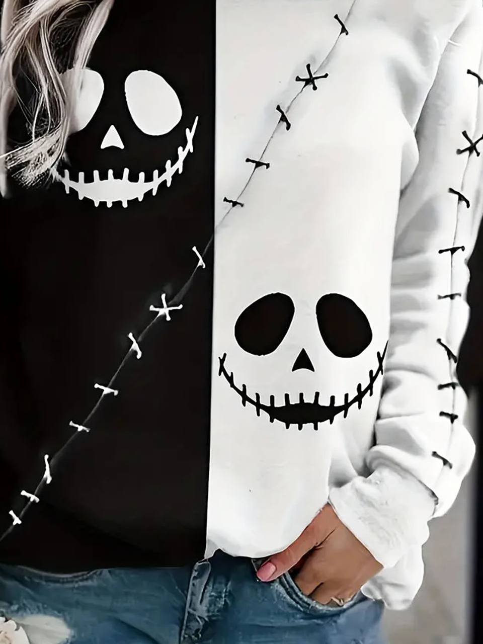 Black and white Halloween ghost pullover sweatshirt