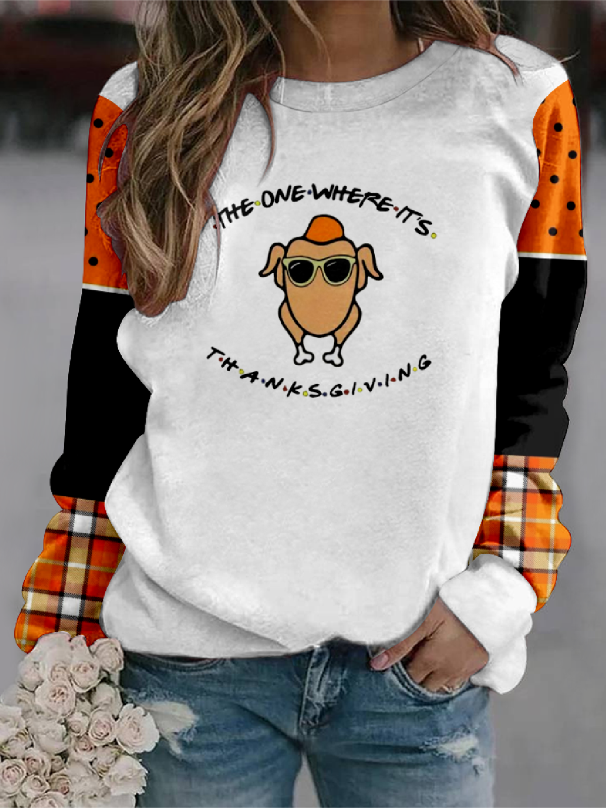 Thanksgiving Autumn Blessings Four-Side Projectile Text Letters Casual Sweatshirt