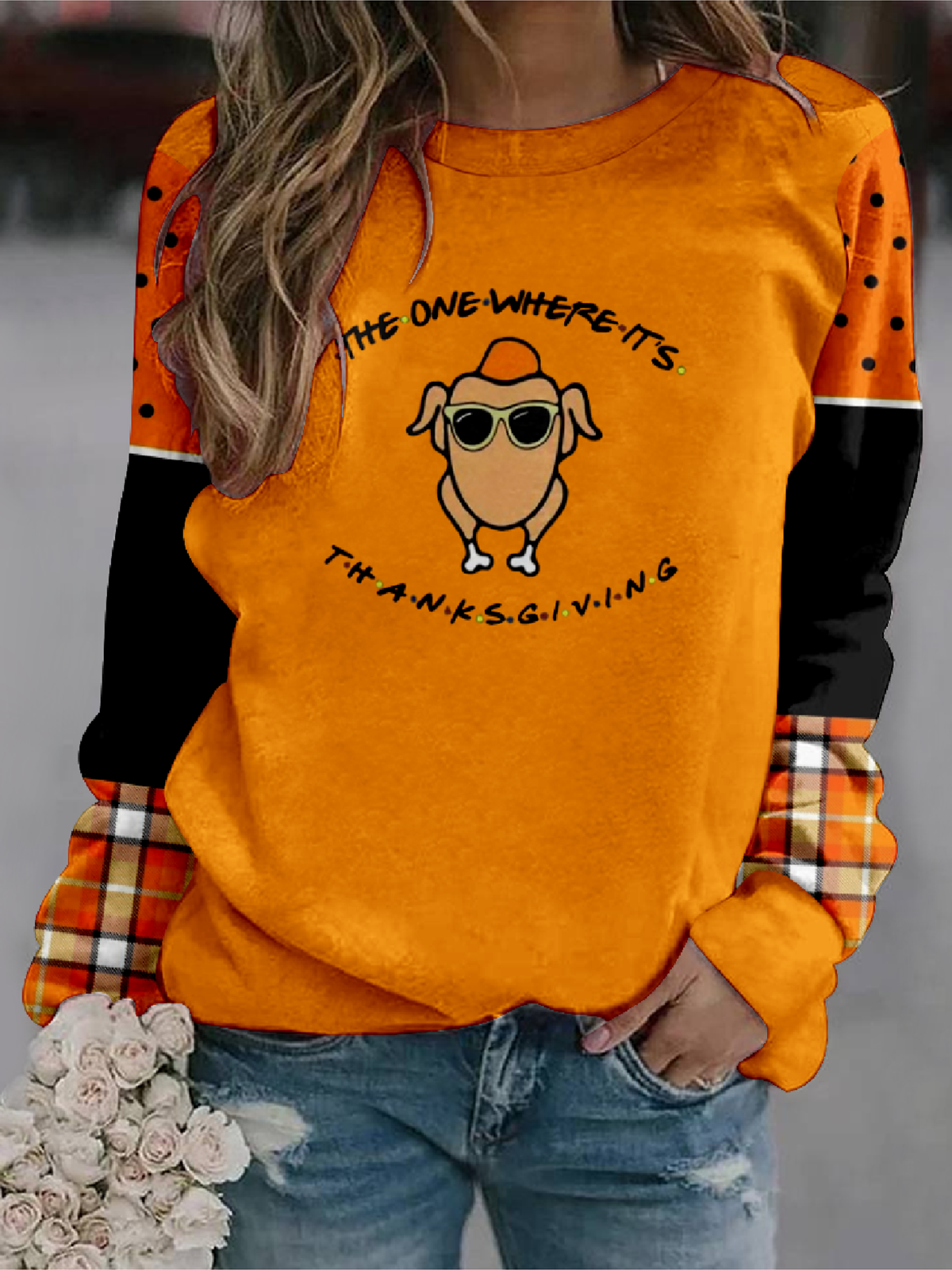 Thanksgiving Autumn Blessings Four-Side Projectile Text Letters Casual Sweatshirt