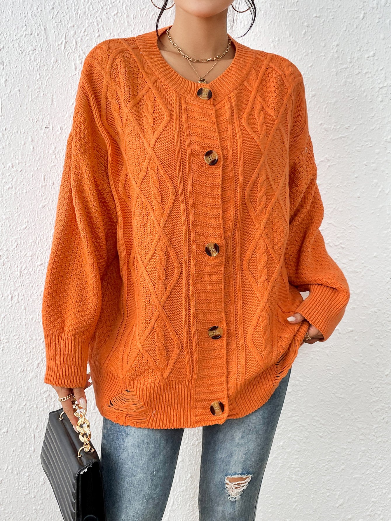 Wool/Knitting Loose Casual Crew Neck Cardigan