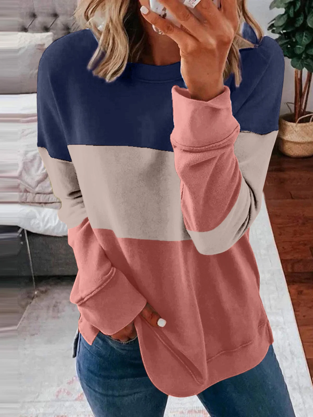 Crew Neck Color Block Casual Sweatshirt