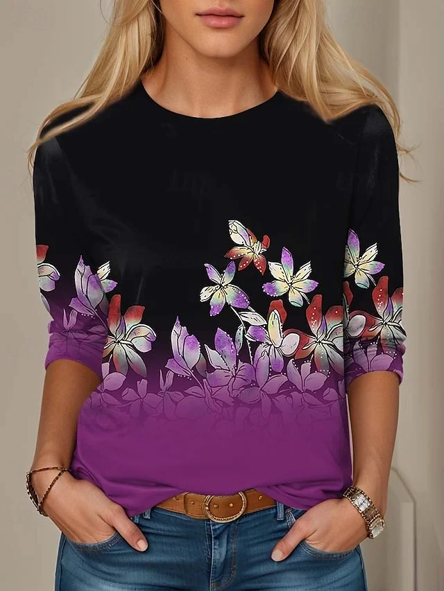 Women's Long Sleeve T-shirt Spring/Fall Purple Floral Jersey Crew Neck Daily Going Out Casual Top