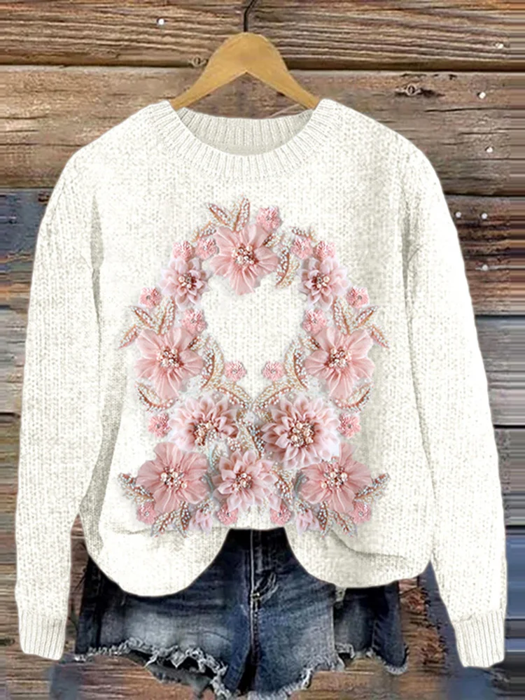 Flower art knitted pullover sweater