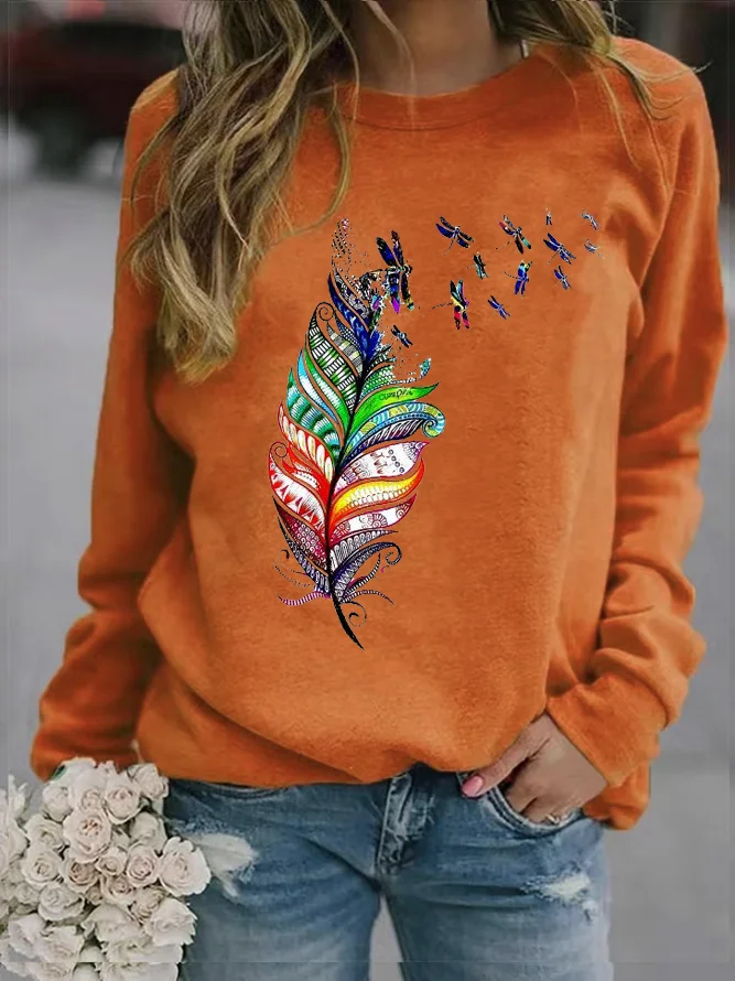 Loose Casual Crew Neck Dragonfly Sweatshirt