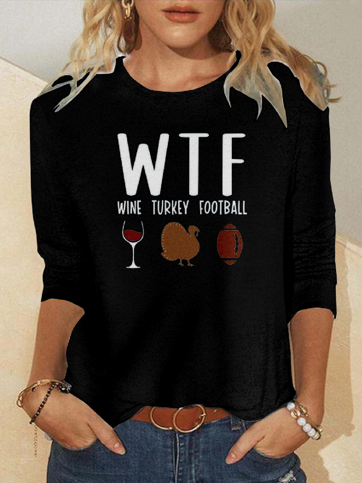 Wtf Wine Turkey Football Casual Text Letters Crew Neck Sweatshirt