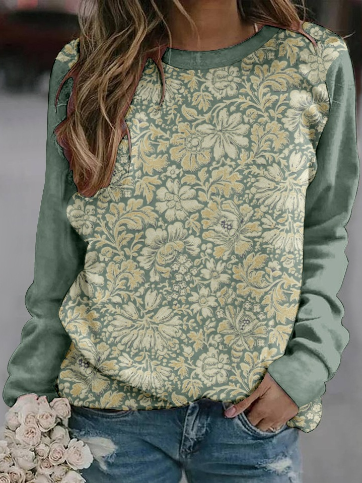 Hippie Casual Floral Crew Neck Loose Sweatshirt